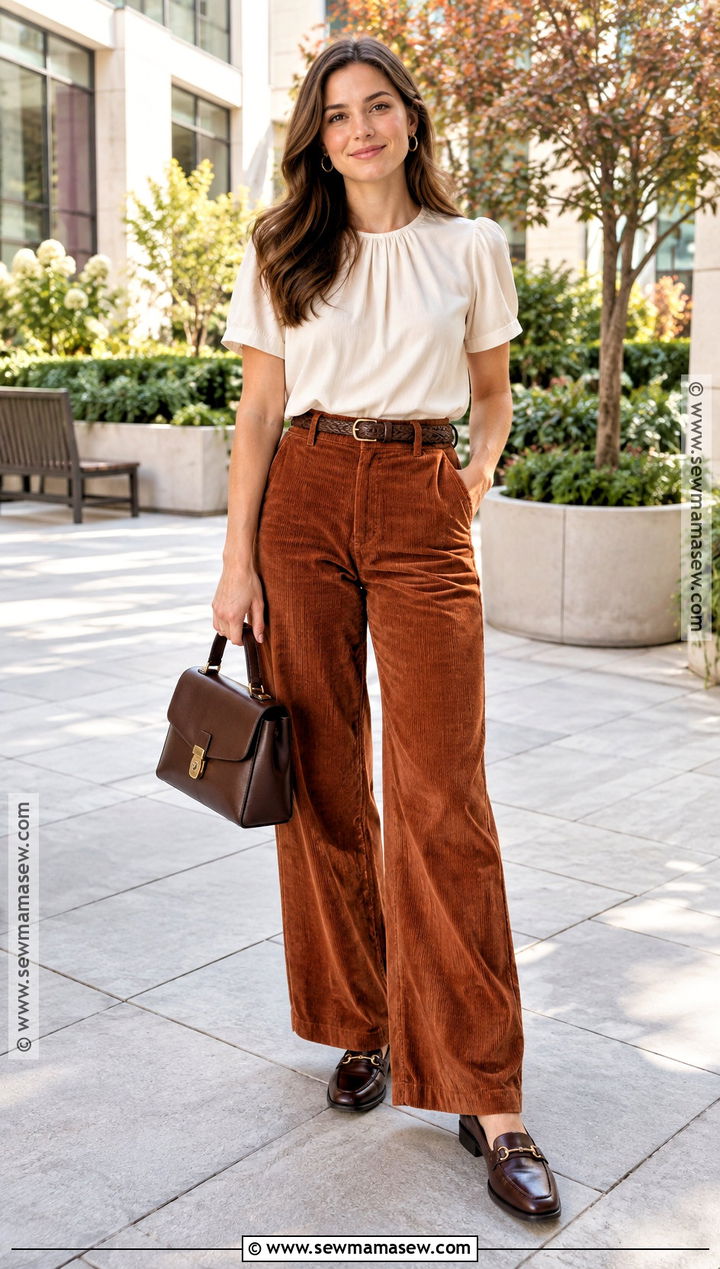 Short Sleeve Blouse With Corduroy Pants - 20 short sleeve fall outfits