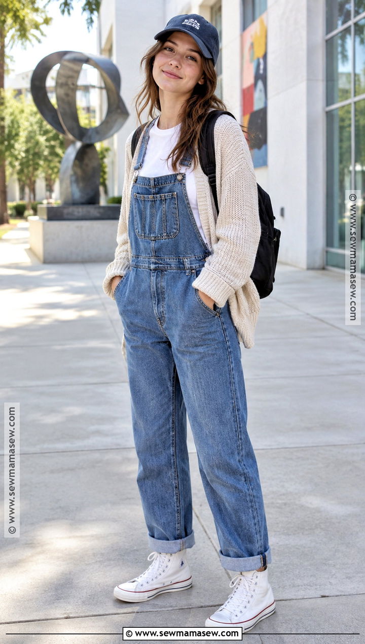 Short Sleeve Bodysuit With Denim Overalls And Sneakers - 15 Back To School Outfits Bodysuit