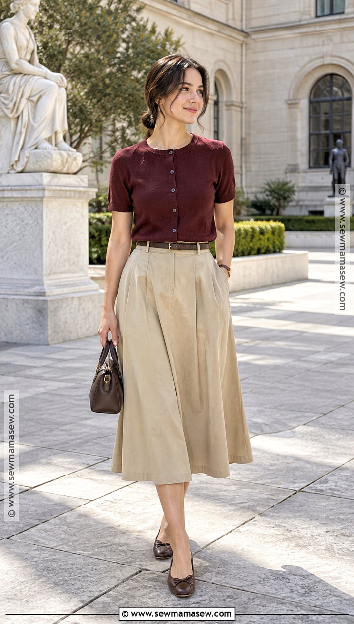 Short Sleeve Cardigan And Midi Skirt Fall Outfit - 20 75 degree weather outfit fall ideas