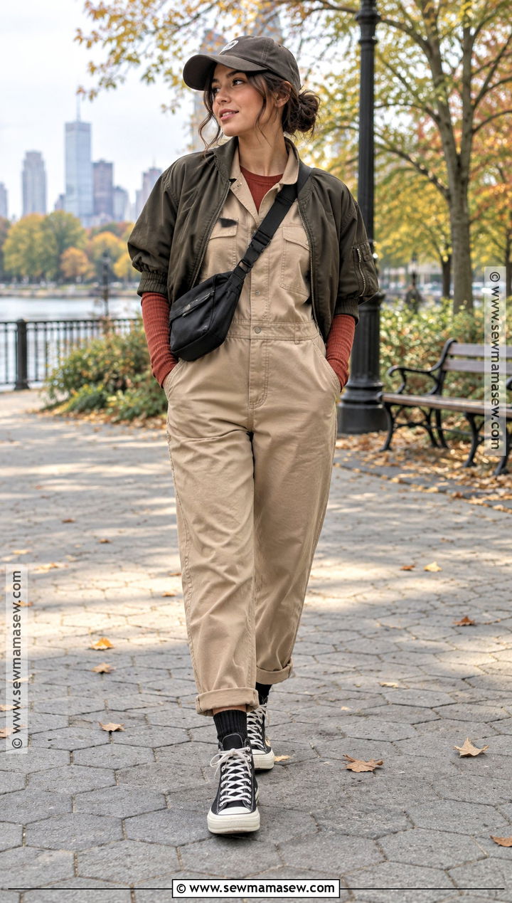Short Sleeve Coverall With Long Sleeve Tee And High Tops - 15 fall coverall outfit ideas