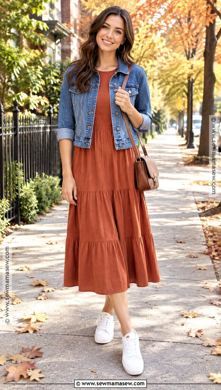 Short Sleeve Dress And Denim Jacket Fall Outfit - 15 75 degree fall outfit ideas