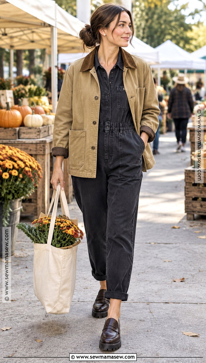Short Sleeve Jumpsuit With a Barn Jacket - 15 Jumpsuits For Women Casual Fall