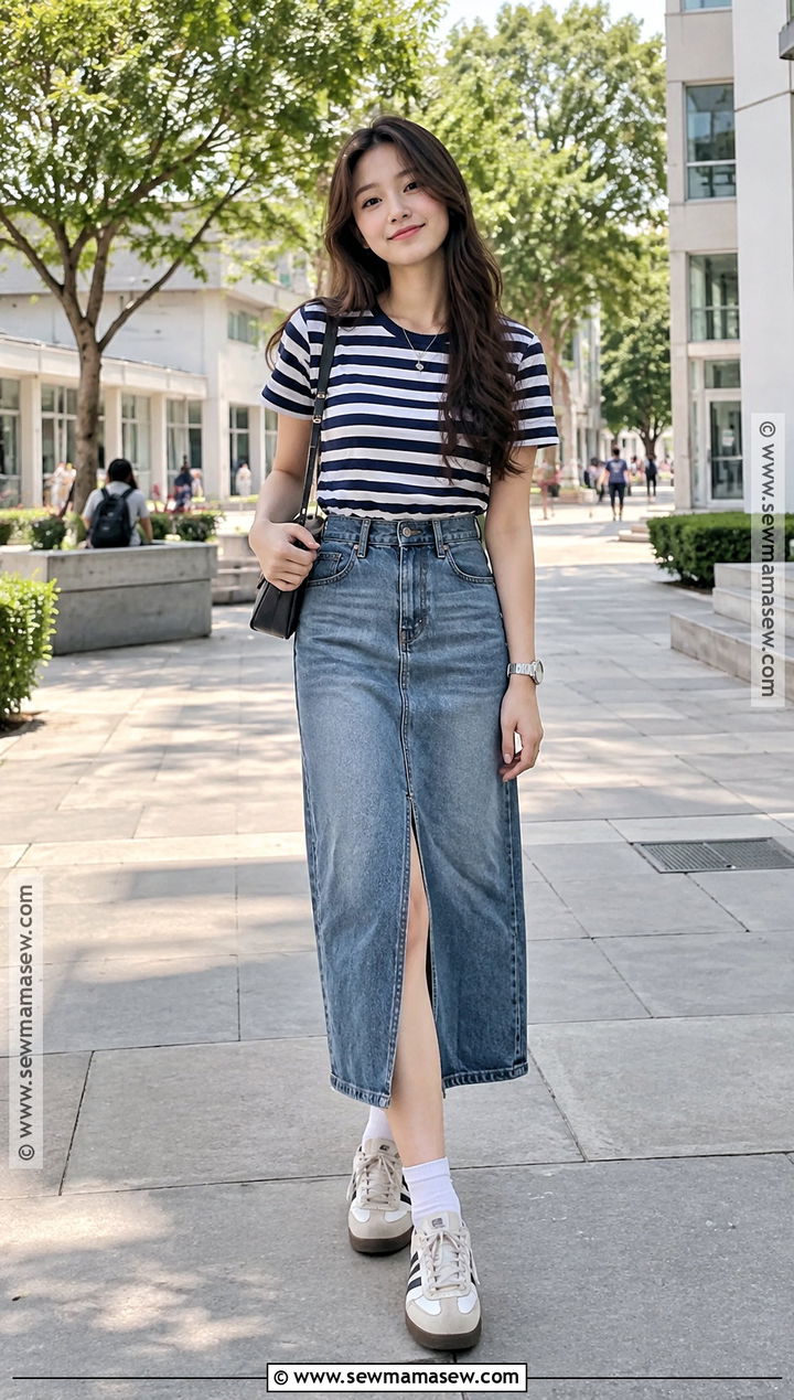 Short Sleeve Striped Tee With Denim Midi Skirt - 15 back to school outfits short sleeve