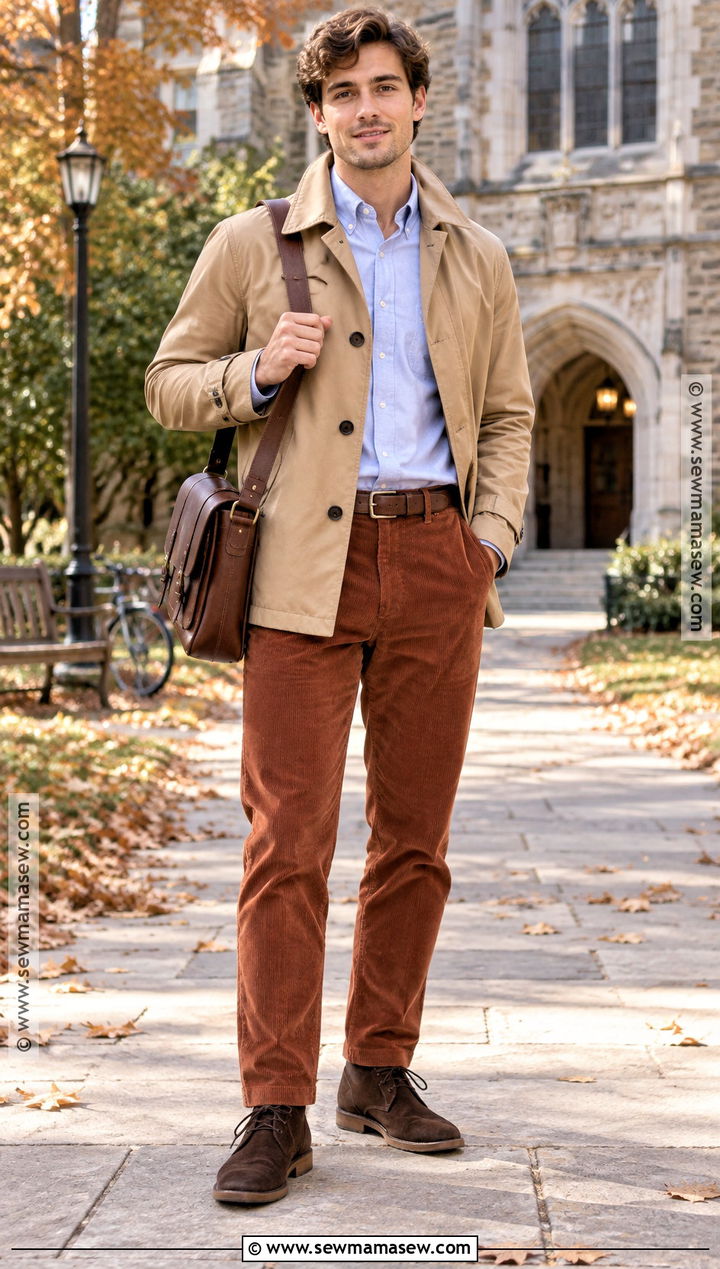 Short Trench Coat With Oxford Shirt And Corduroy Pants - 15 men's autumn trench coat ideas