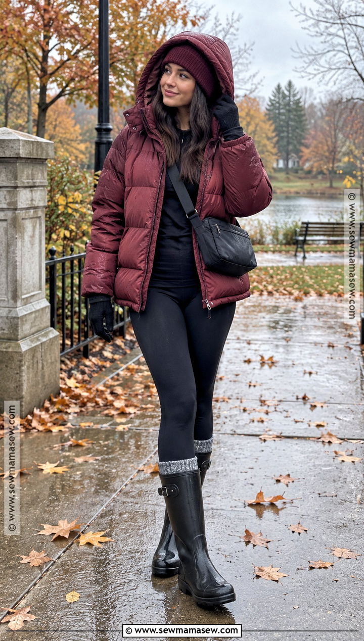 Short Waterproof Puffer Leggings And Rain Boots Outfit - 25 autumn rainy day outfit ideas