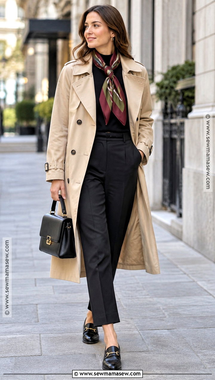 Silk Autumn Scarf With Trench Coat And Trousers - 15 Autumn Scarf Fashion Accessory Ideas
