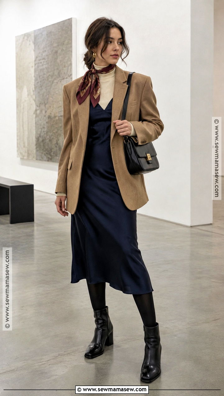 Silk Scarf With Slip Dress Blazer And Ankle Boots - 20 autumn scarf outfit ideas