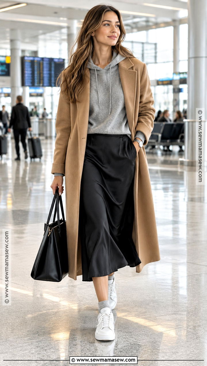 Silk Skirt With Cashmere Hoodie And Sneakers - 20 silk skirt outfit fall ideas