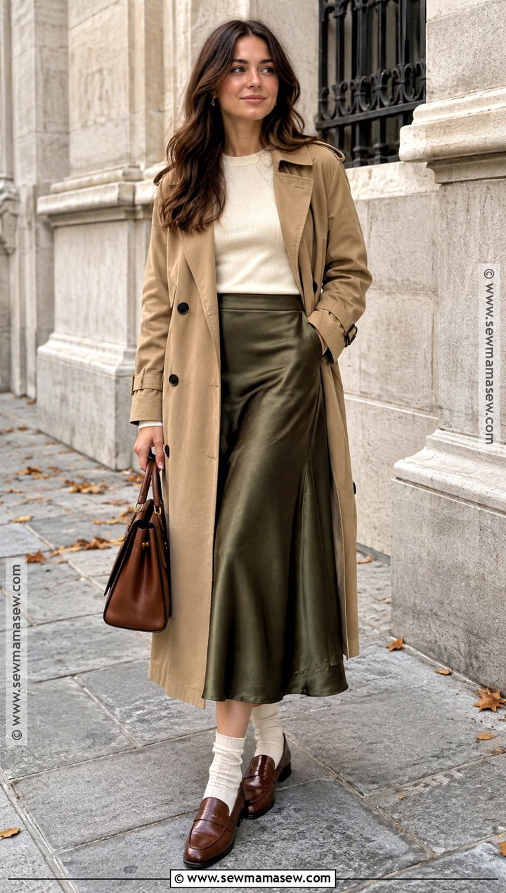 Silk Skirt With Trench Coat And Loafers - 20 silk skirt fall outfit ideas