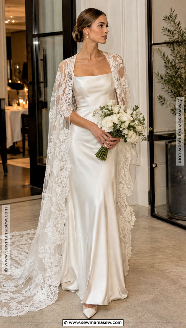 Silk Slip Wedding Dress With Lace Cape - 15 Fall Bride Wedding Dress Ideas