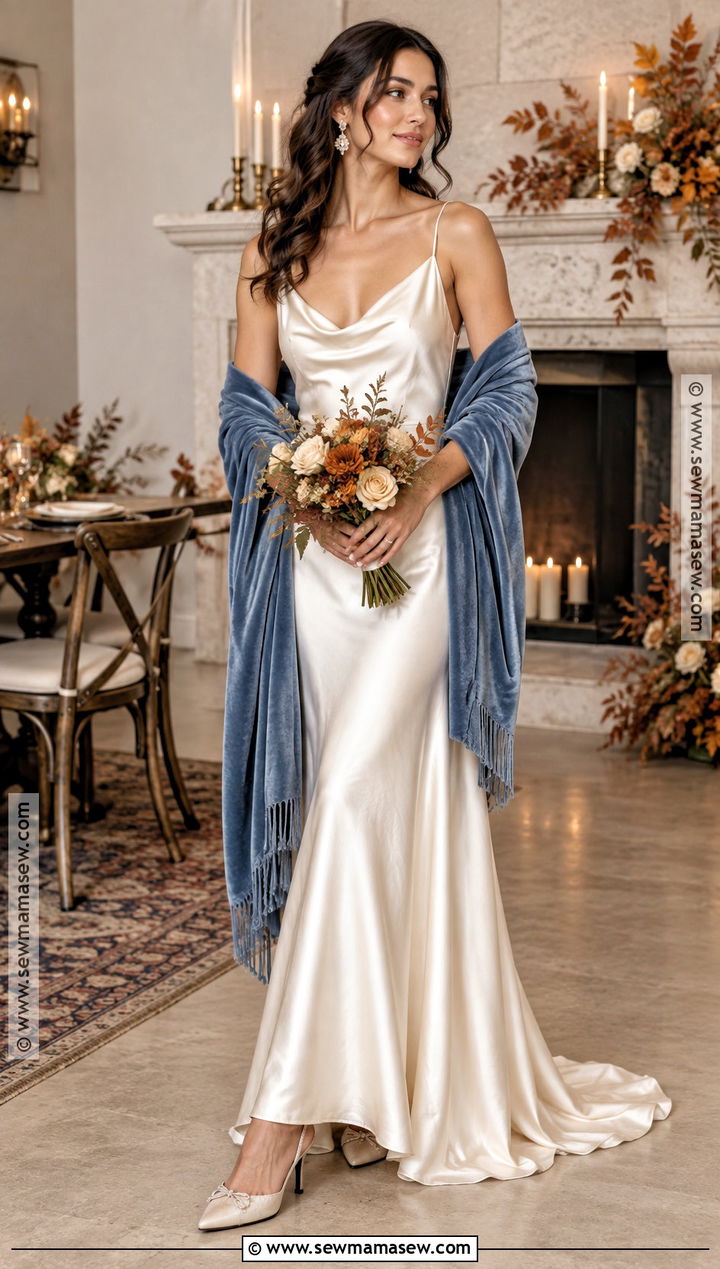 Silk Slip Wedding Dress With Velvet Wrap - 15 Fall Wedding Dress Coverup Ideas