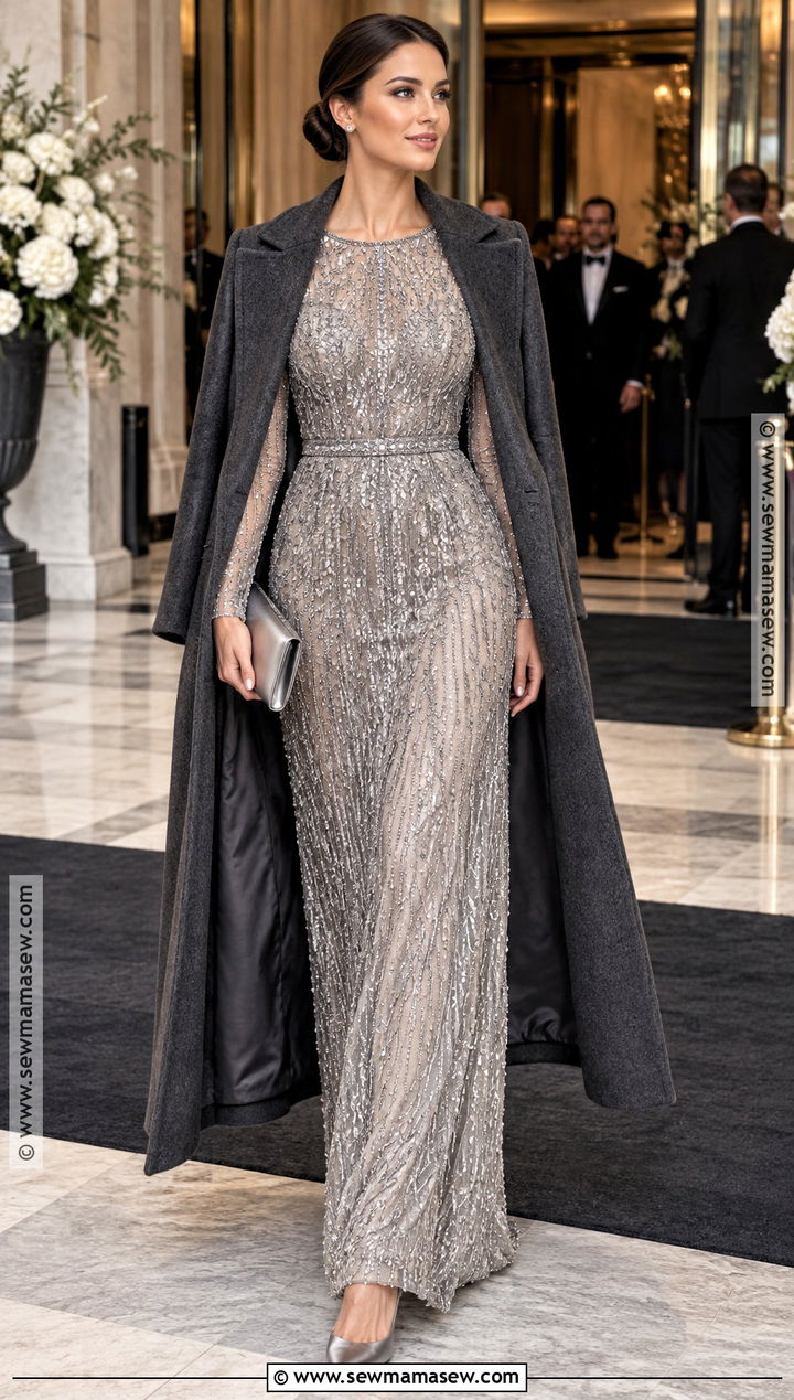 Silver Beaded Long Sleeve Gown - 15 fall black tie dress ideas