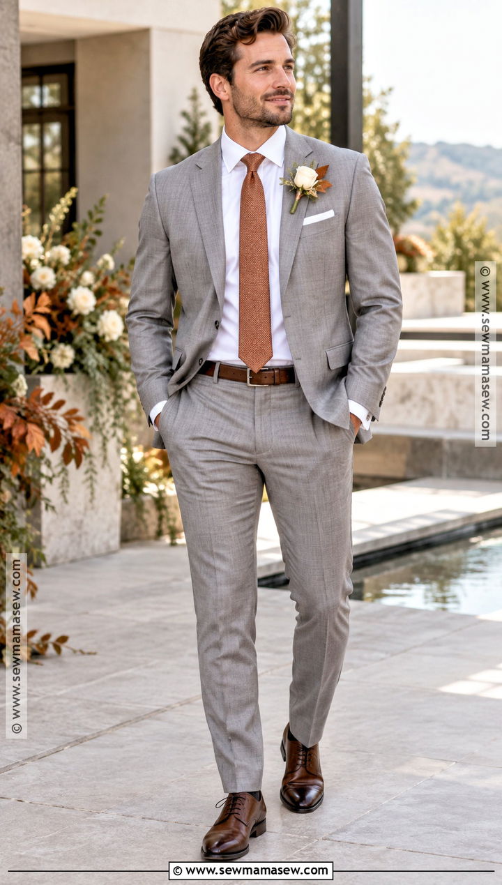 Silver Grey Groom Suit With Copper Tie - 15 fall wedding groom attire grey ideas