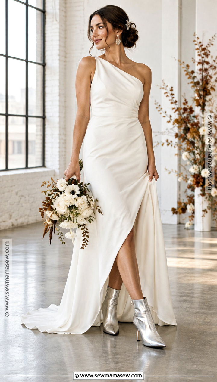 Silver Metallic Boots With Modern Wedding Dress - 15 fall wedding boots for bride