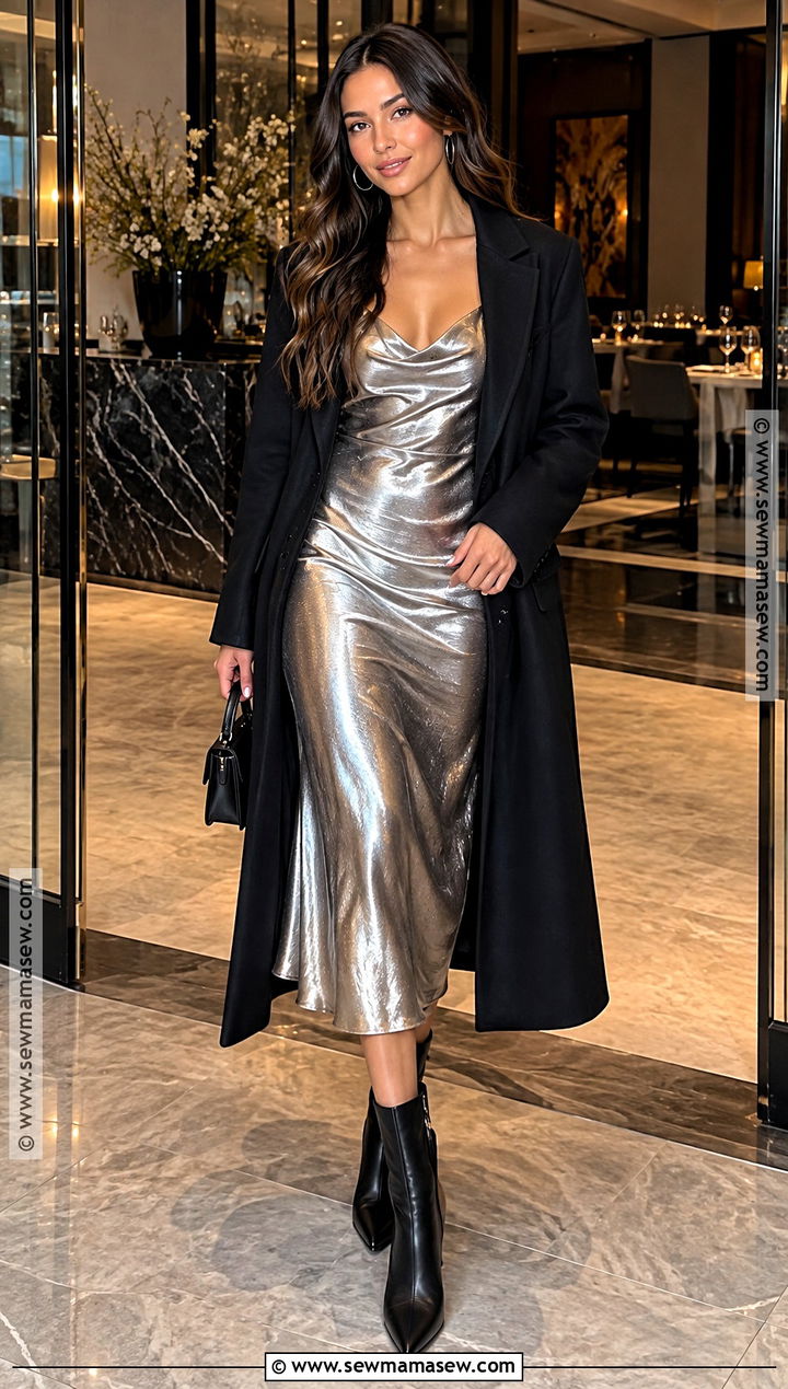 Silver Metallic Dress And Black Coat Birthday Dinner Outfit - 20 fall birthday dinner outfit ideas
