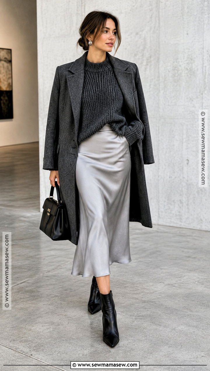 Silver Satin Skirt With Charcoal Knit And Black Boots - 25 satin skirt outfit fall ideas