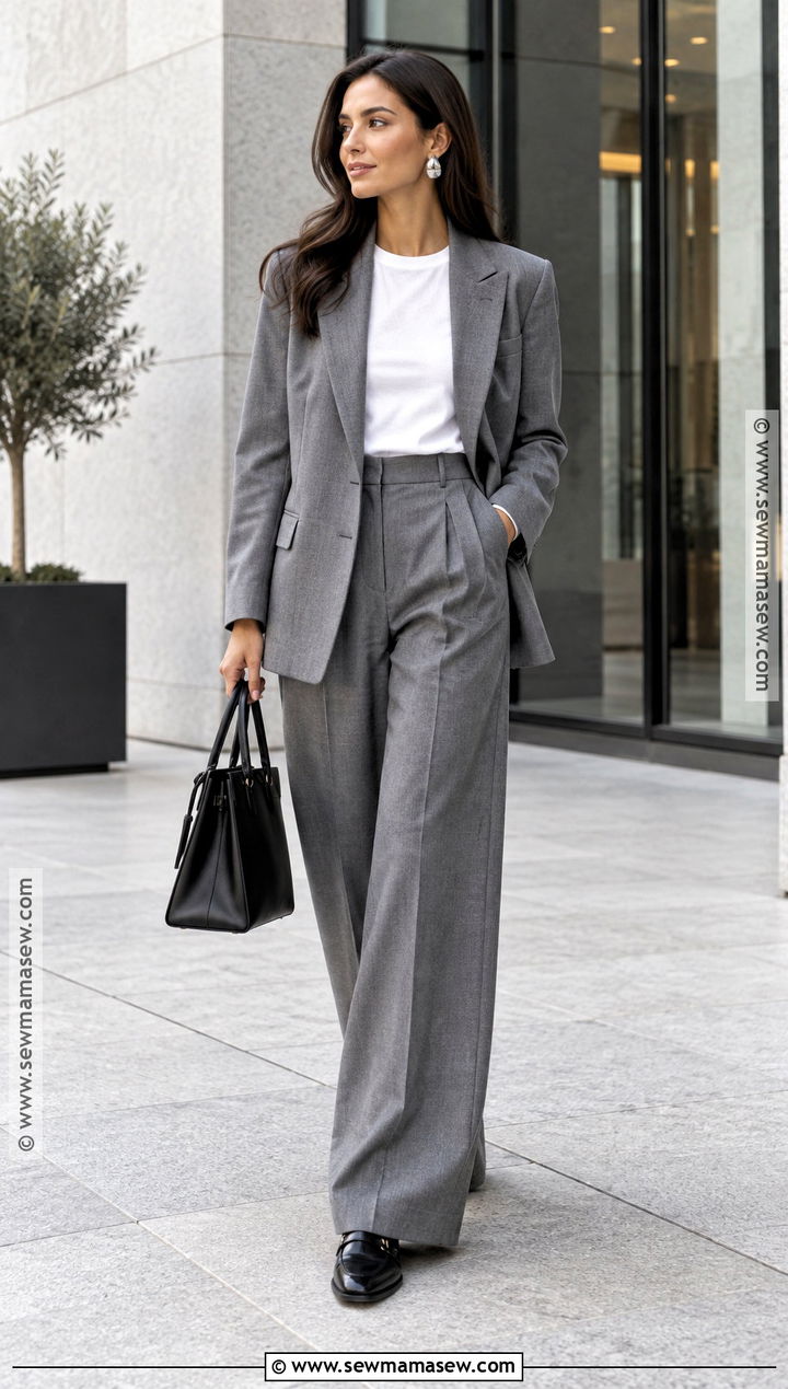 Silver Sculptural Earrings With Gray Blazer And Trousers - 15 Earrings For Autumn Outfits