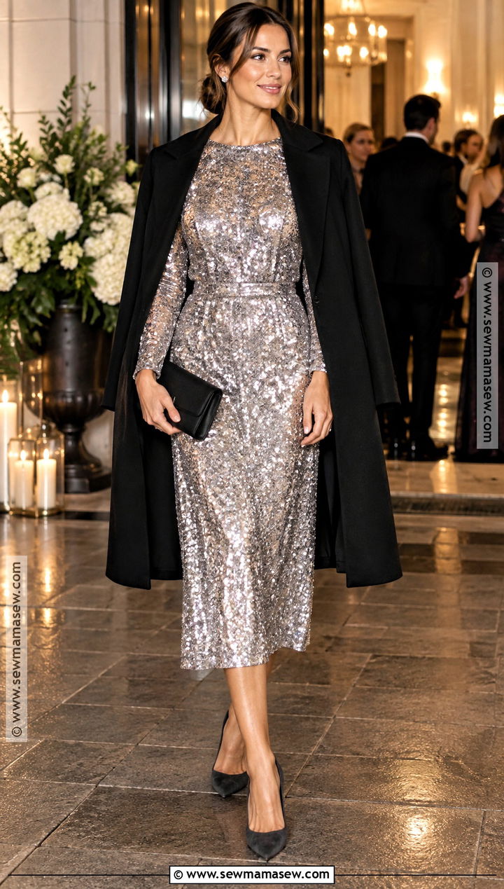Silver Sequin Fall Wedding Guest Midi Dress - 15 fall wedding guest attire ideas for women