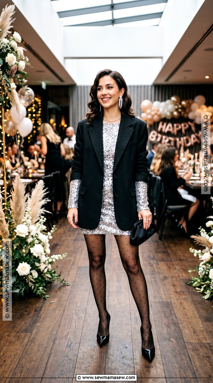 Silver Sequin Mini Dress And Blazer Birthday Outfit - 25 fall birthday outfits
