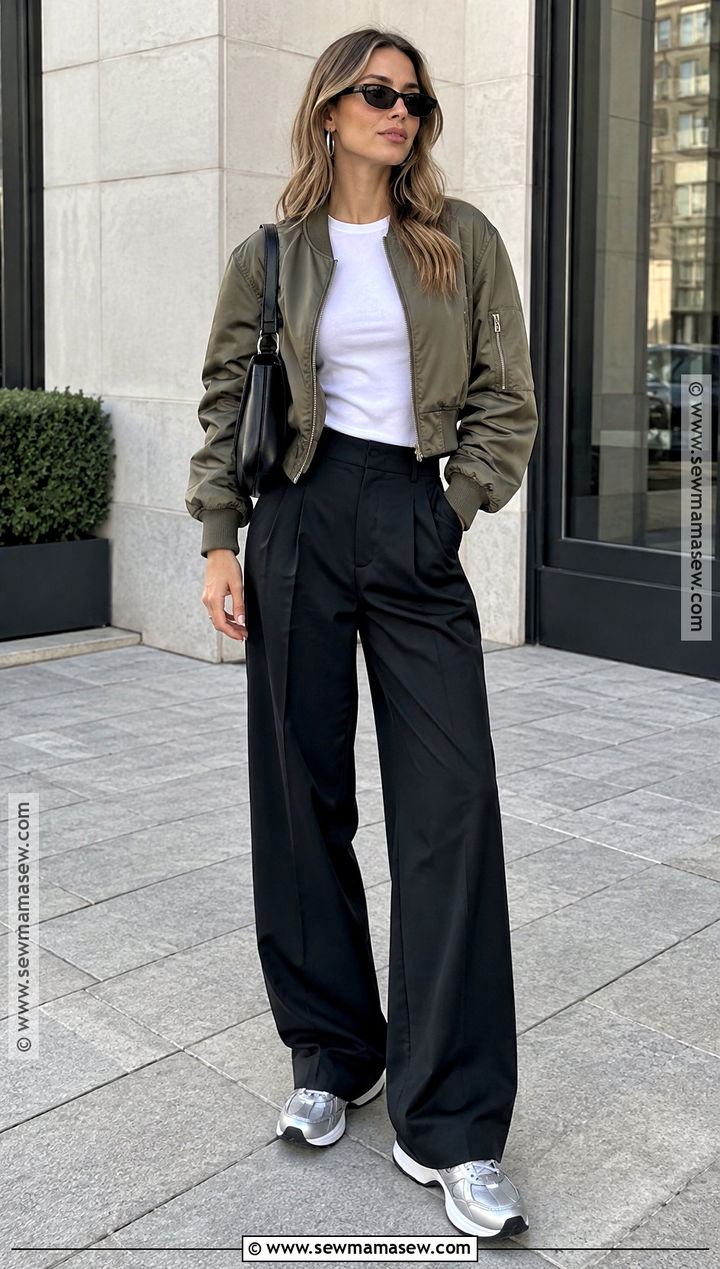 Silver Sneakers With Bomber Jacket And Black Trousers - 15 Fall Fashion Sneaker Ideas