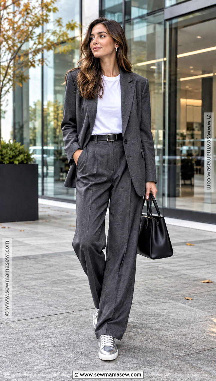 Silver Sneakers With Gray Suit and White T Shirt - 15 Fall Color Sneakers