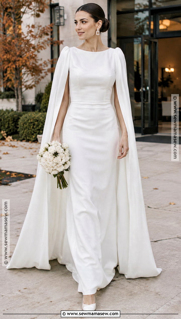 Simple Crepe Wedding Dress With Long Cape - 15 Fall Wedding Dress Coverup Ideas