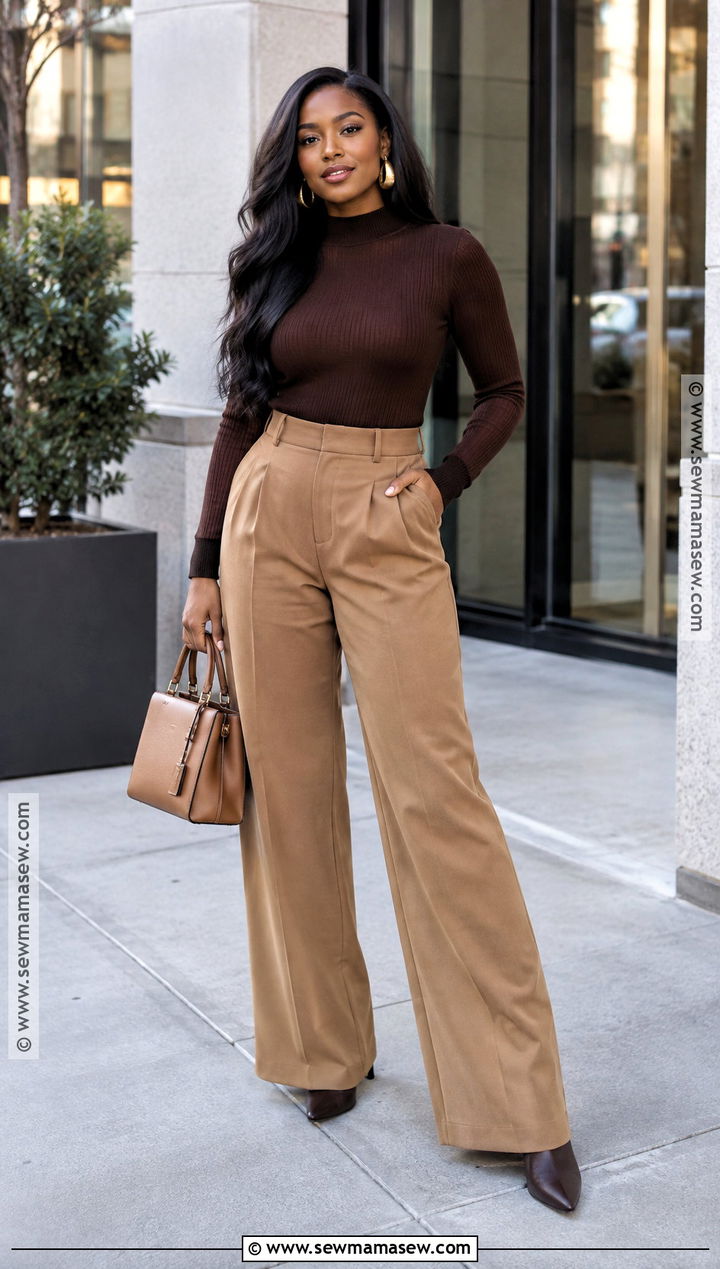 Simple Fall Outfit With Brown Sweater And Matching Trousers - 20 Simple Fall Outfits for Black Women