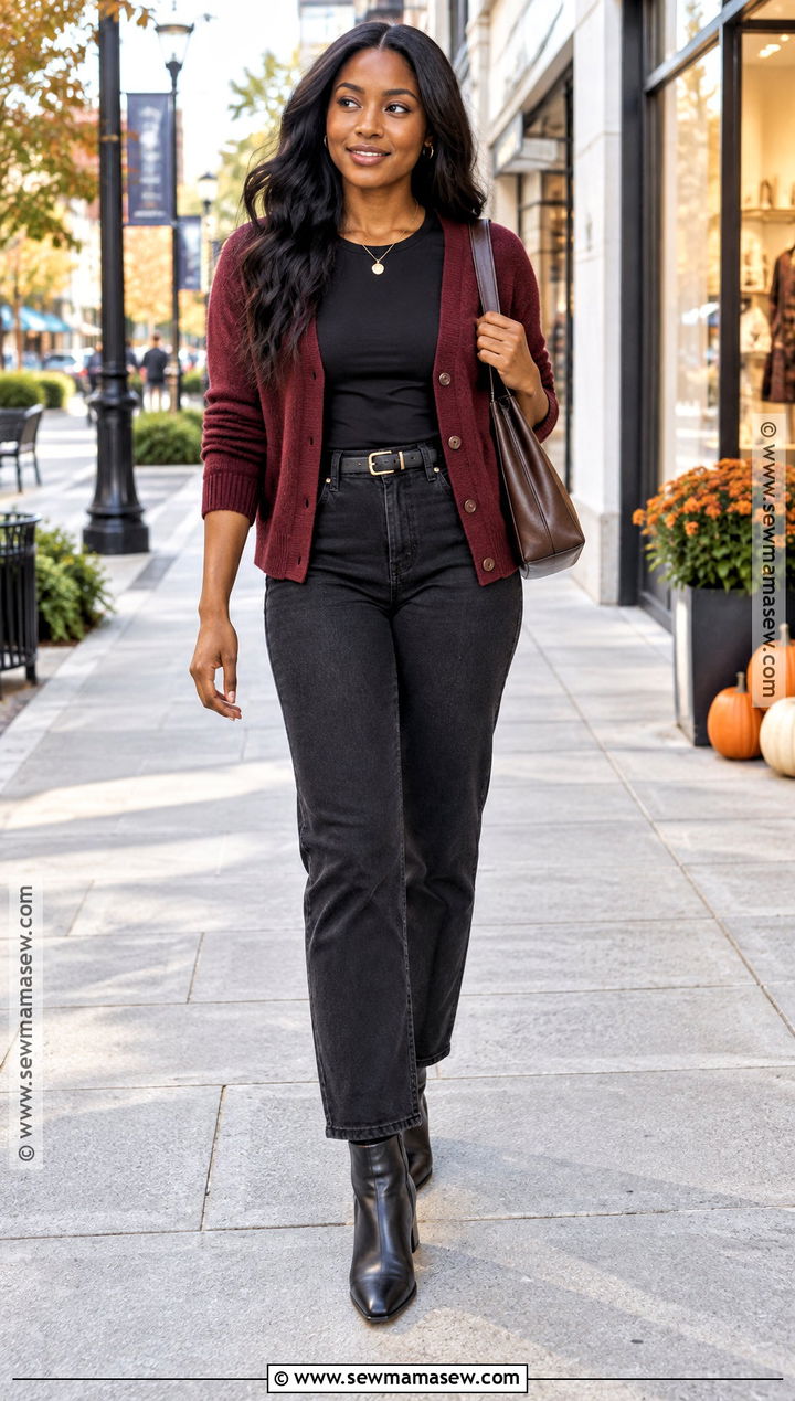 Simple Fall Outfit With Burgundy Cardigan And Black Jeans - 20 Simple Fall Outfits for Black Women
