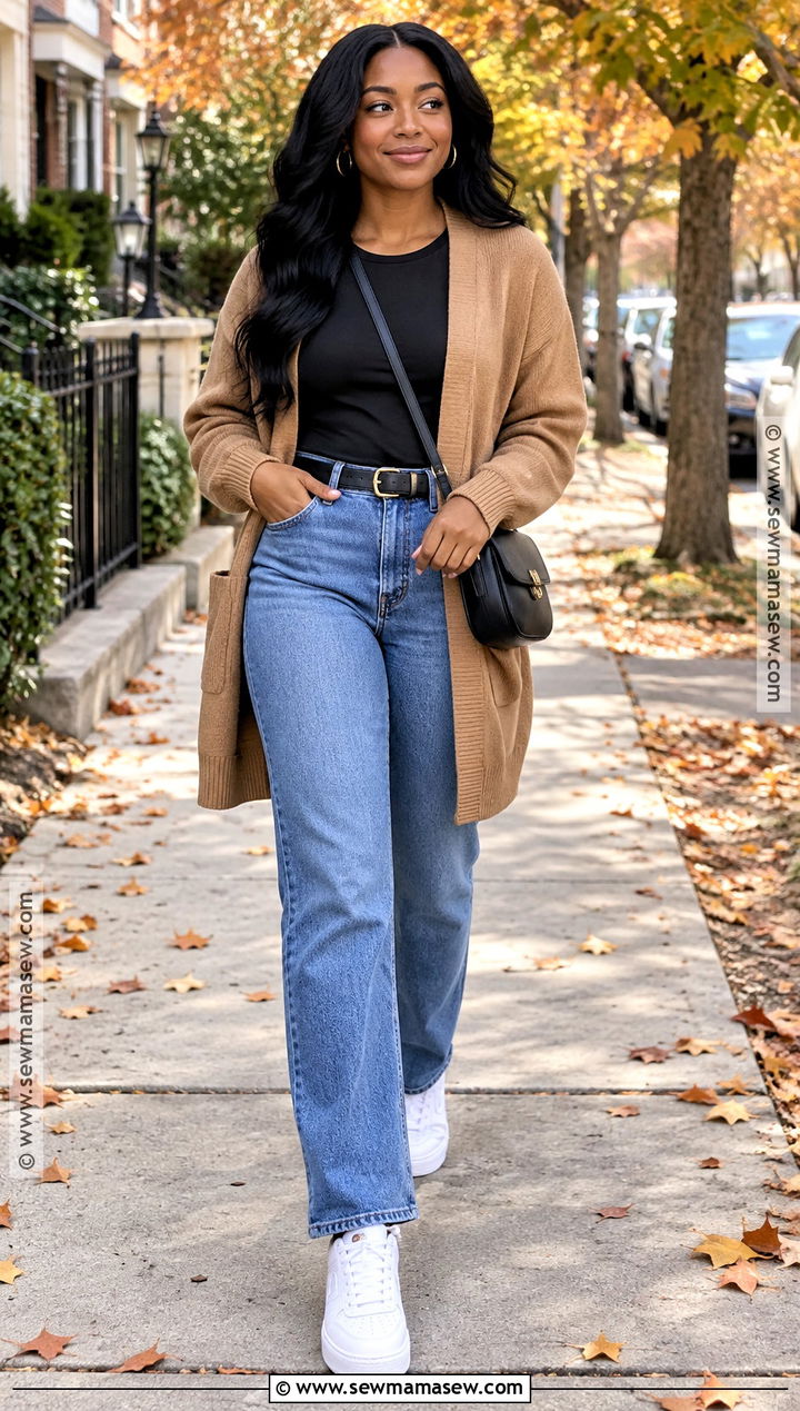 Simple Fall Outfit With Camel Cardigan And Jeans - 20 Simple Fall Outfits for Black Women