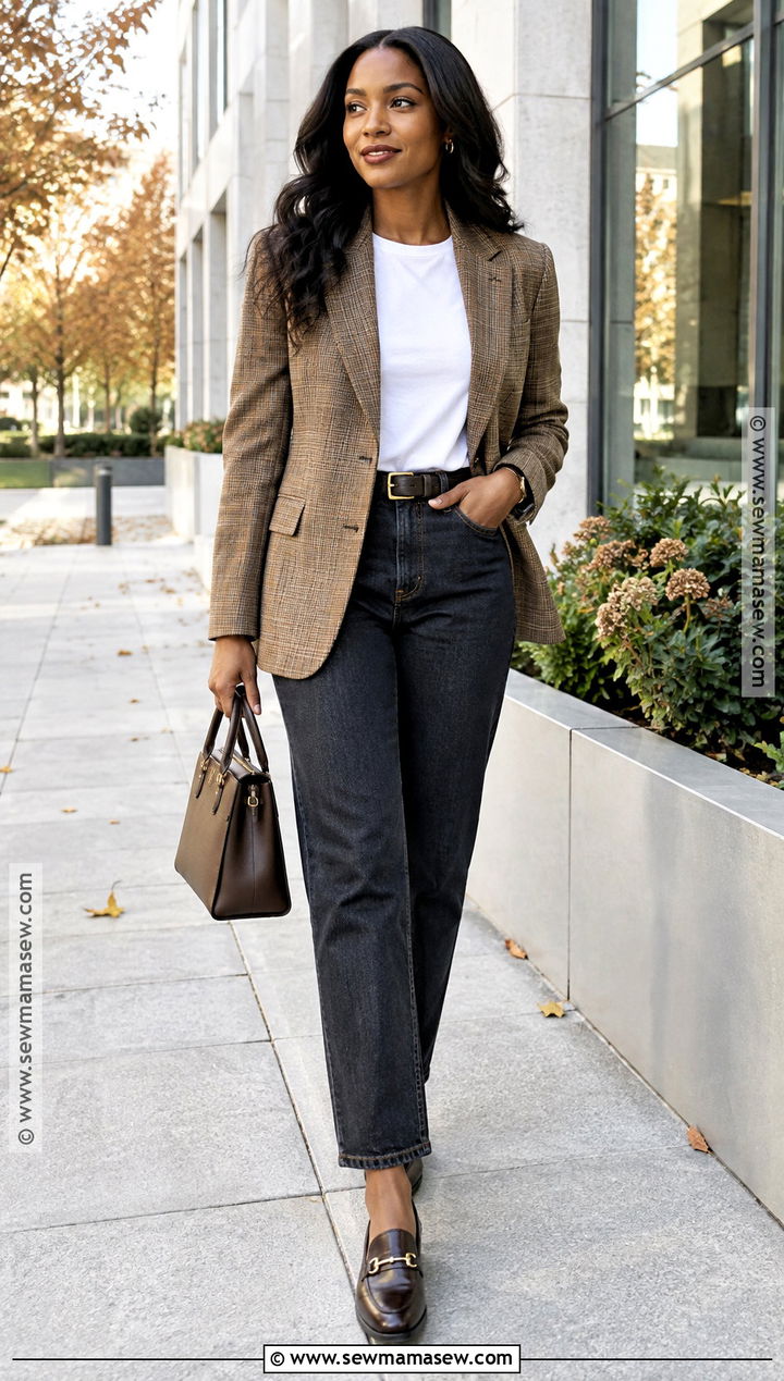 Simple Fall Outfit With Plaid Blazer And Dark Jeans - 20 Simple Fall Outfits for Black Women