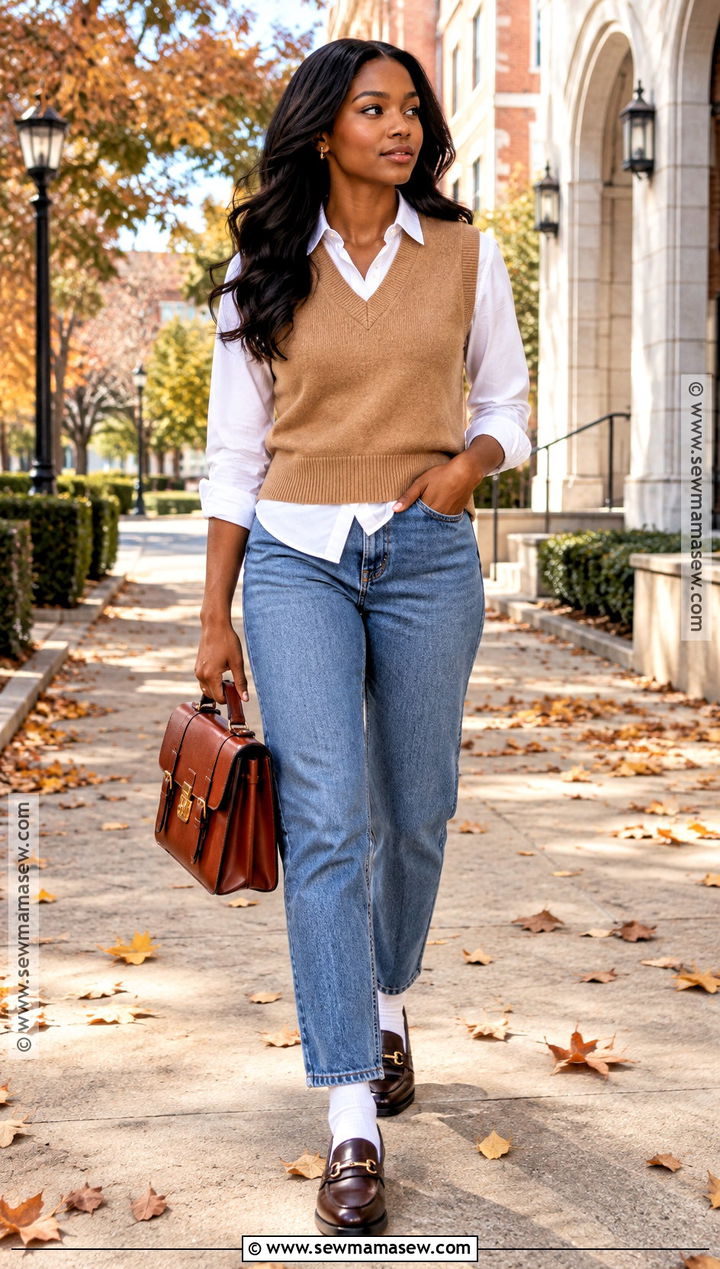 Simple Fall Outfit With Sweater Vest And Button Down Shirt - 20 Simple Fall Outfits for Black Women