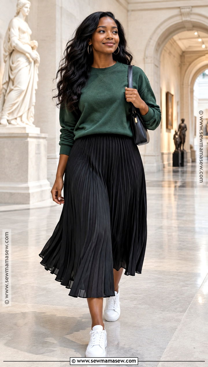 Simple Fall Outfit With Sweatshirt And Pleated Skirt - 20 Simple Fall Outfits for Black Women