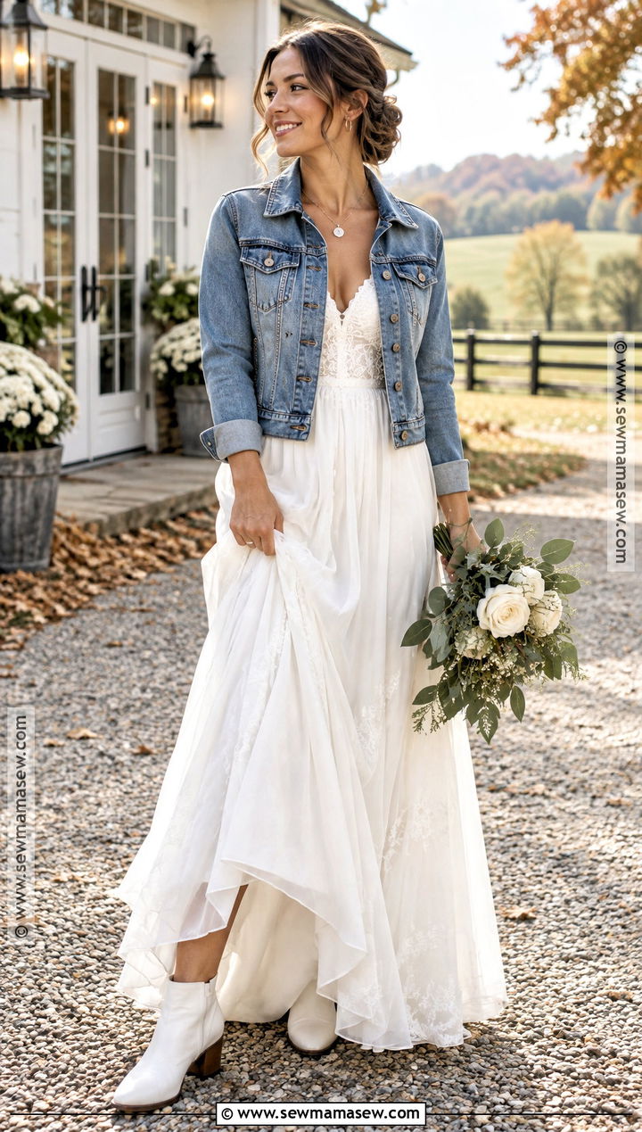Simple Maxi Wedding Dress With Denim Jacket - 15 Casual Wedding Dress Fall Ideas