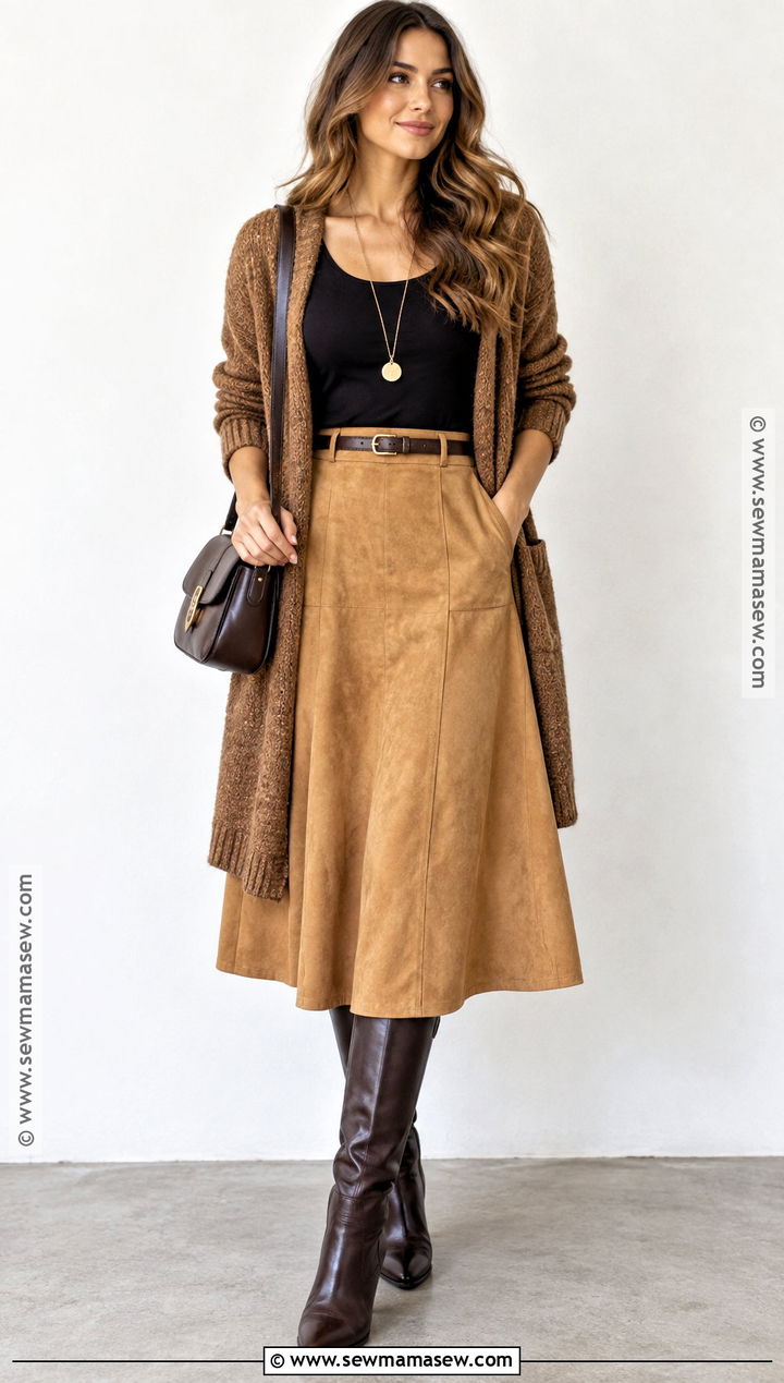 Simple Tee With Suede A Line Skirt - 20 inverted triangle fall outfits