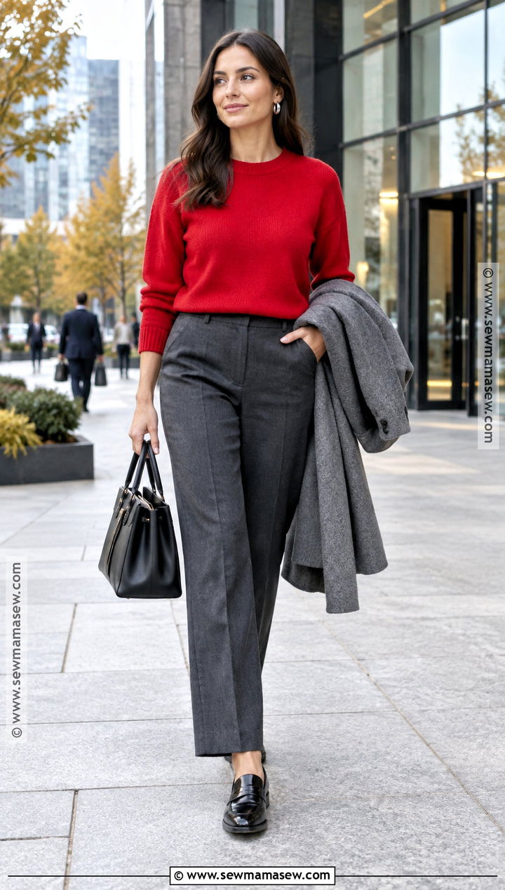 Siren Red Sweater and Gray Trousers Outfit - 15 fashion colors fall ideas 2026