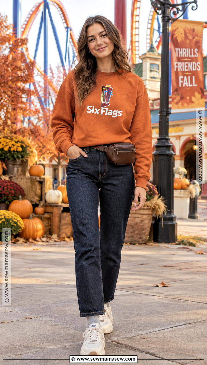 Six Flags Orange Sweatshirt and Dark Jeans Outfit - 20 six flags outfit fall ideas