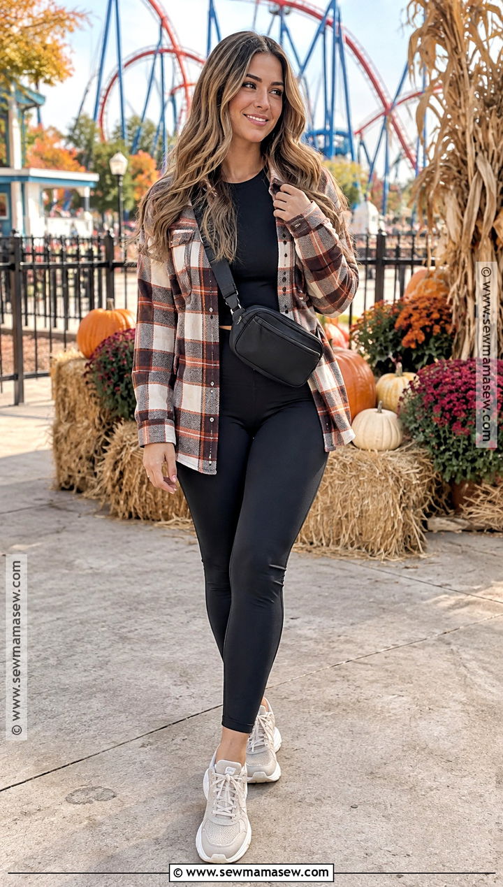 Six Flags Plaid Overshirt and Leggings Outfit - 20 six flags outfit fall ideas