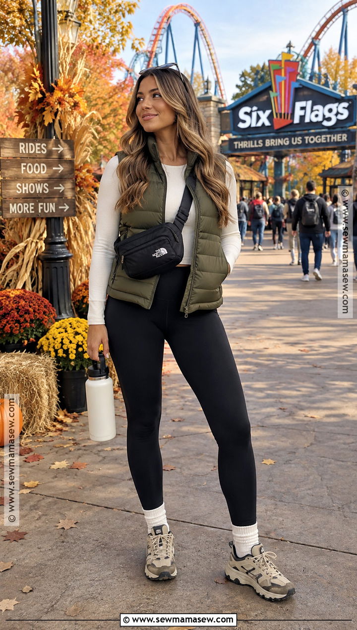 Six Flags Puffer Vest and Leggings Outfit - 20 six flags outfit fall ideas