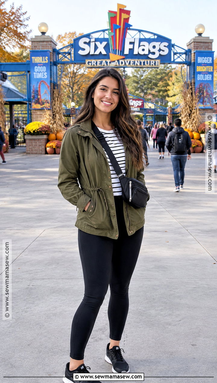 Six Flags Utility Jacket and Black Leggings Outfit - 20 six flags outfit fall ideas
