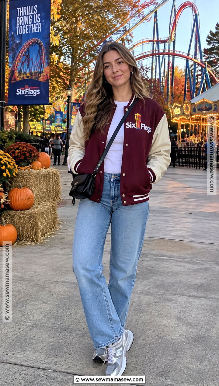 Six Flags Varsity Jacket and Jeans Outfit - 20 six flags outfit fall ideas
