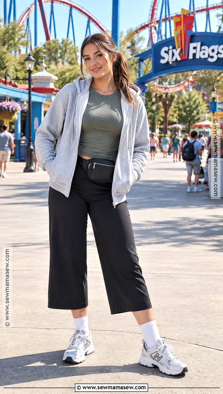 Six Flags Zip Hoodie and Cropped Pants Outfit - 20 six flags outfit fall ideas
