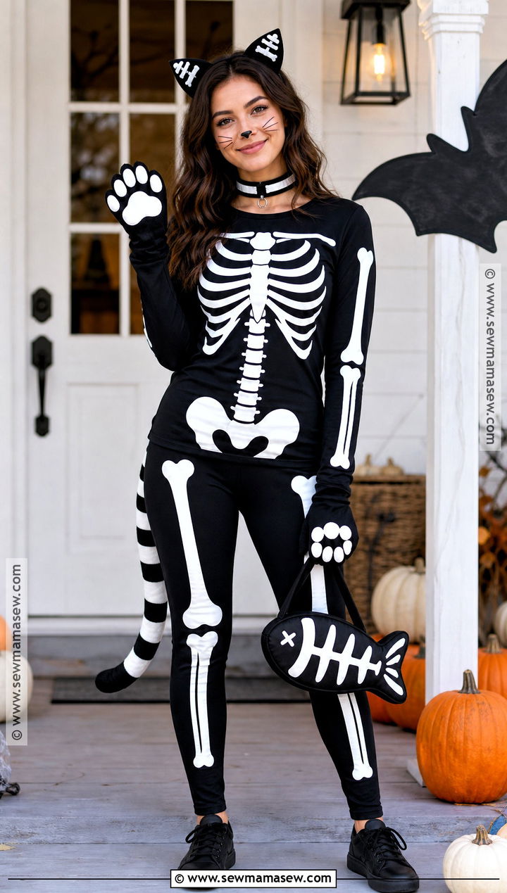 Skeleton Black Cat Costume With Bone Print - 45 black cat halloween costume ideas
