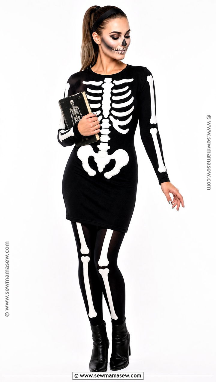 Skeleton Costume With White Bone Details - 30 black dress halloween costume ideas