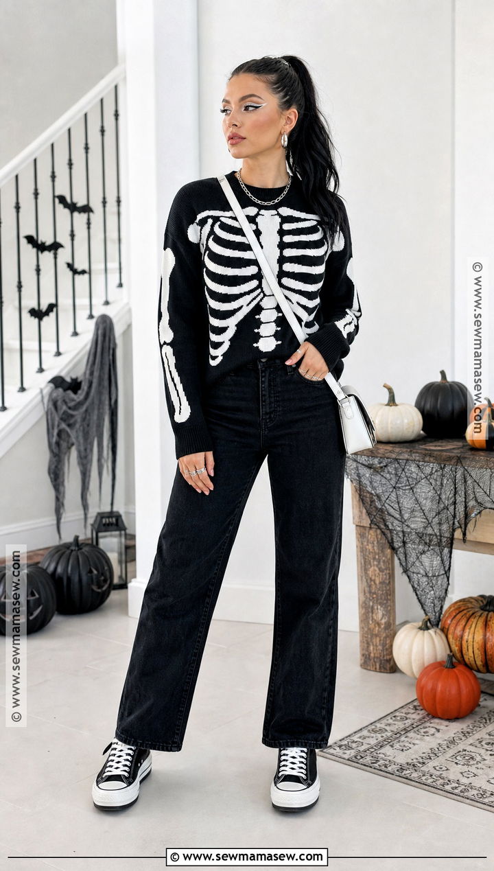 Skeleton Halloween Outfit With Graphic Sweater - 35 Halloween Outfits for Women