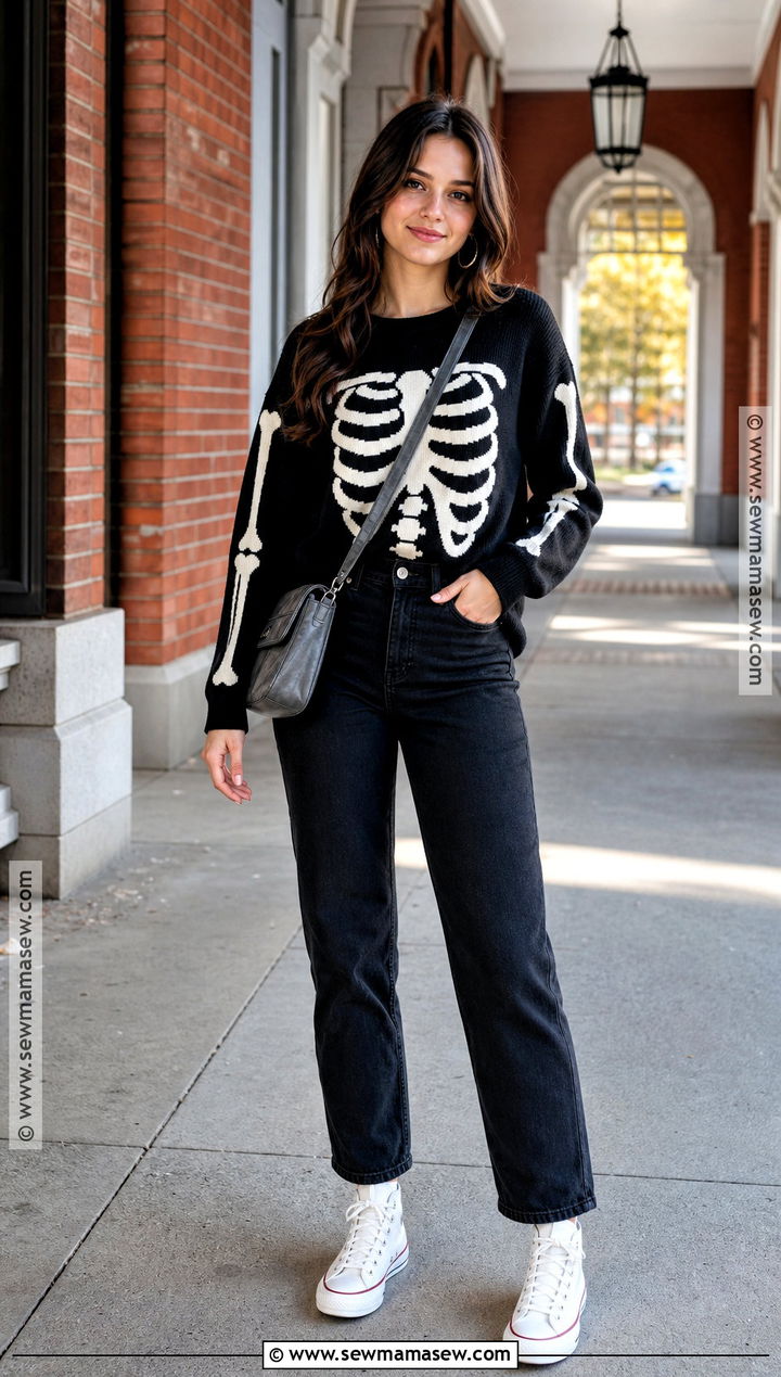 Skeleton Halloween Sweater With Black Jeans - 35 halloween sweater ideas