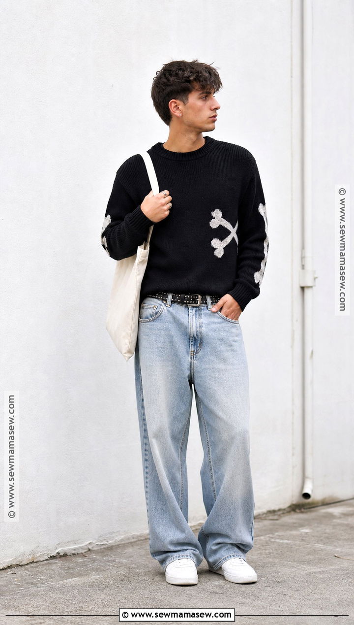 Skeleton Print Sweater Halloween Outfit With Wide Leg Jeans - 30 Halloween Casual Outfits
