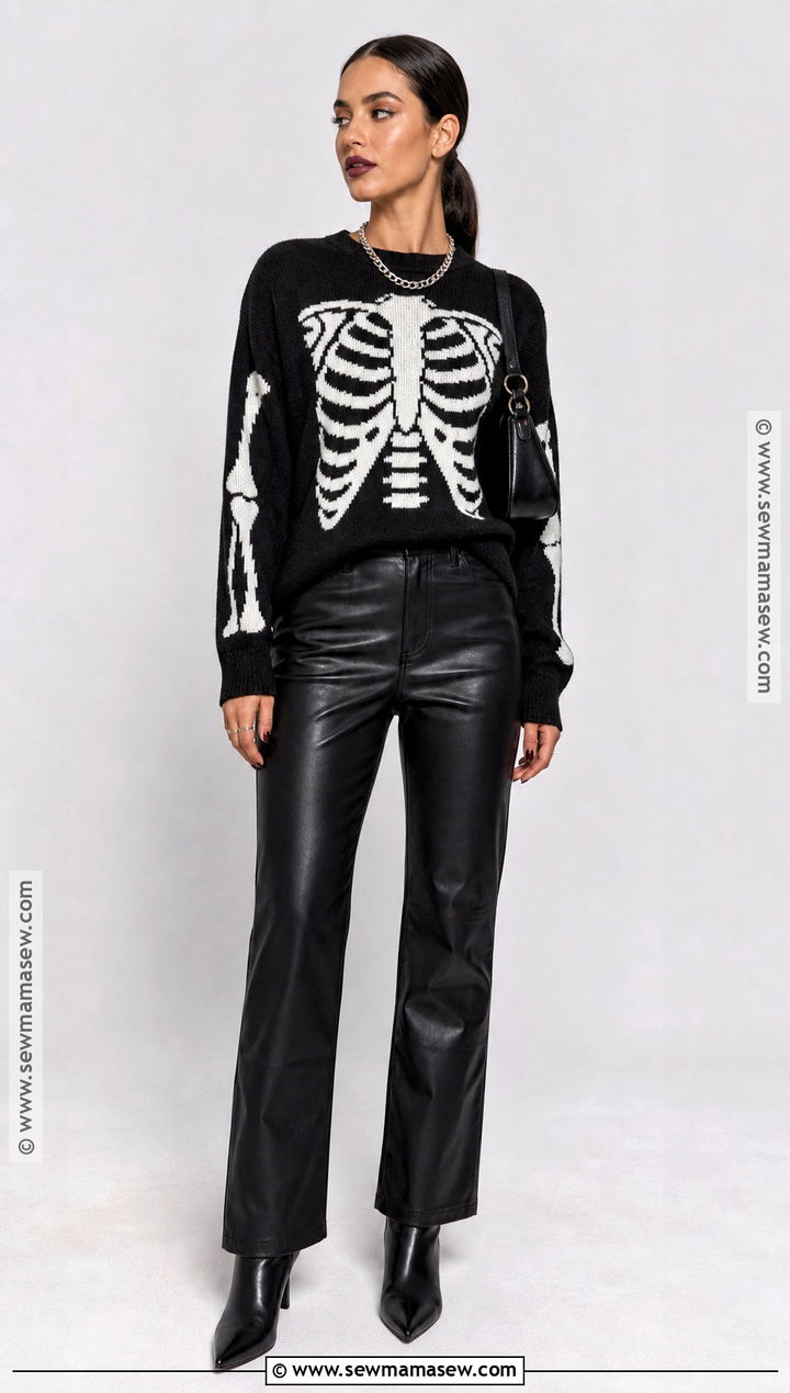 Skeleton Sweater And Leather Pants Outfit - 30 Spooky Season Outfits