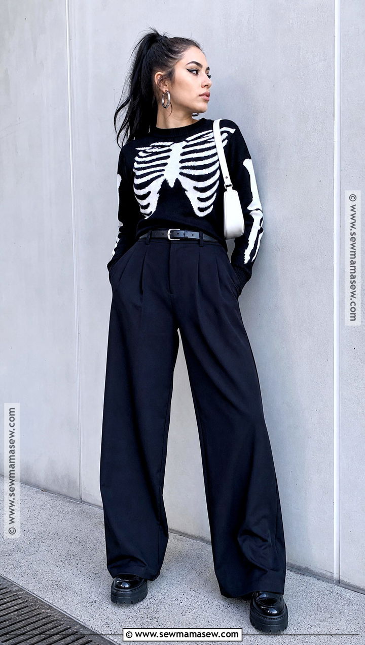 Skeleton Sweater Halloween Outfit With Wide Leg Pants - 30 Halloween Fashion Outfits