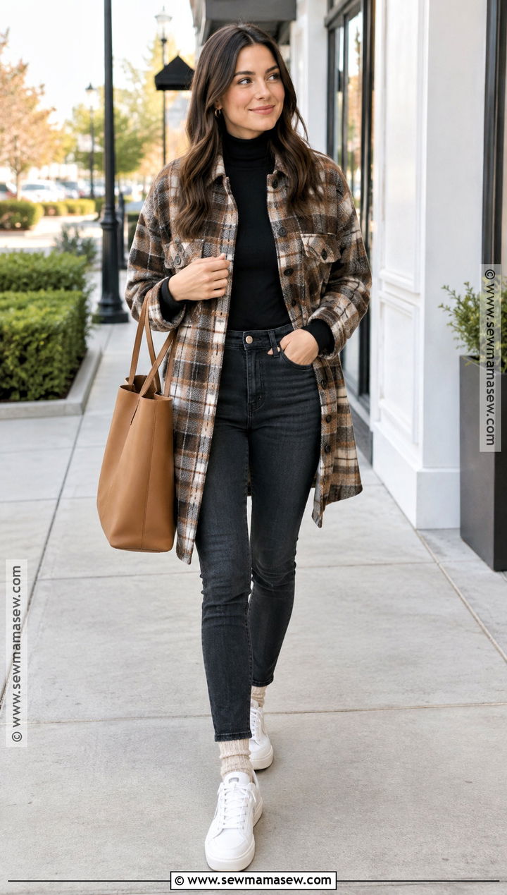Skinny Jeans And Classic Sneakers With A Shacket - 15 Fall Outfits Jeans And Sneakers