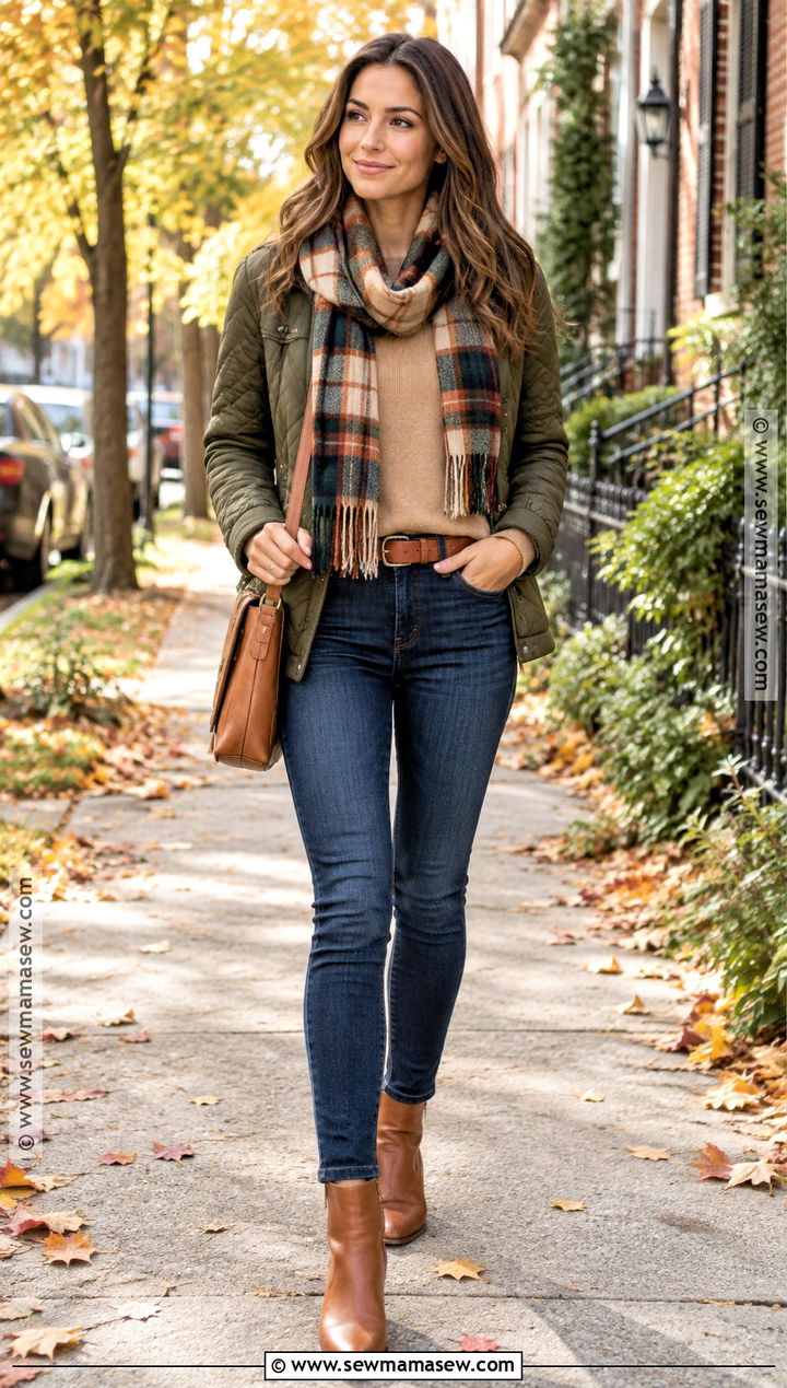Skinny Jeans Camel Sweater And Cognac Ankle Boots - 15 Fall Jeans Outfit Casual Ankle Boots